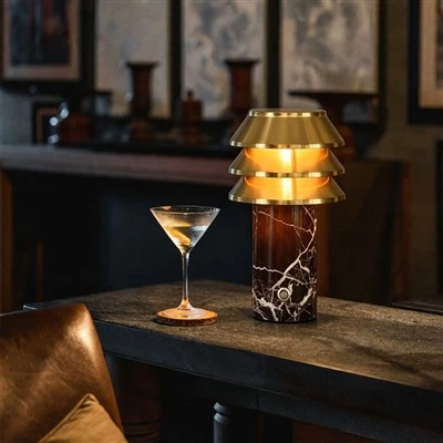 Red Marble Base Rechargeable Table Lamp Gold Shade