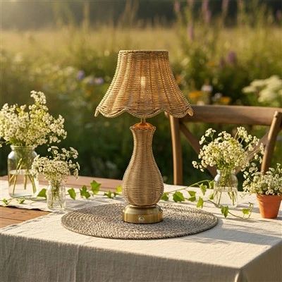 Gold Bamboo Cordless Rechargeable Table Lamp Rattan Lampshade